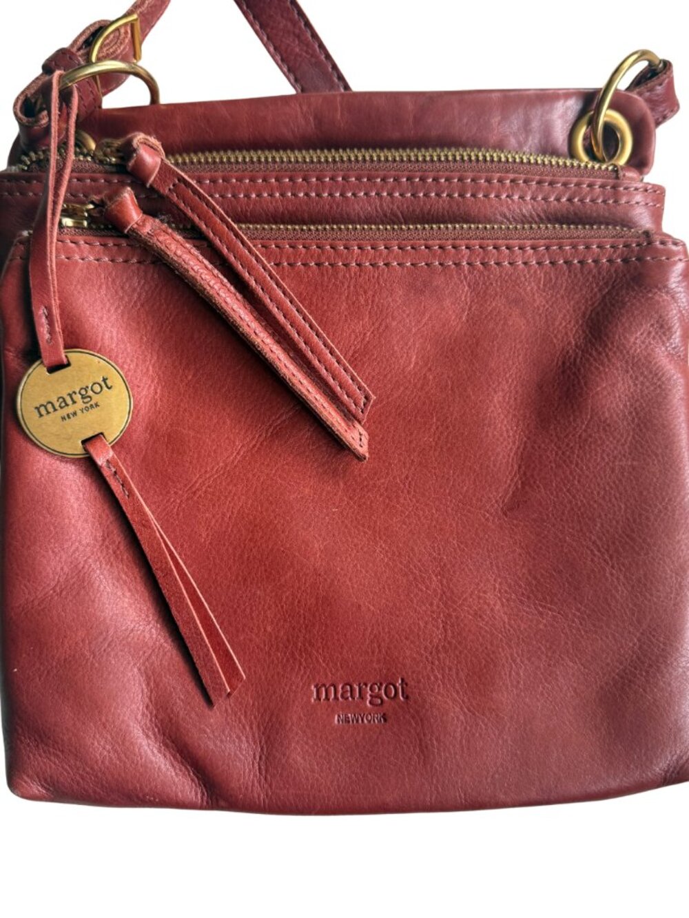 Margot New York Genuine Leather Double Zip Crossbody Bag Burgundy NWOT